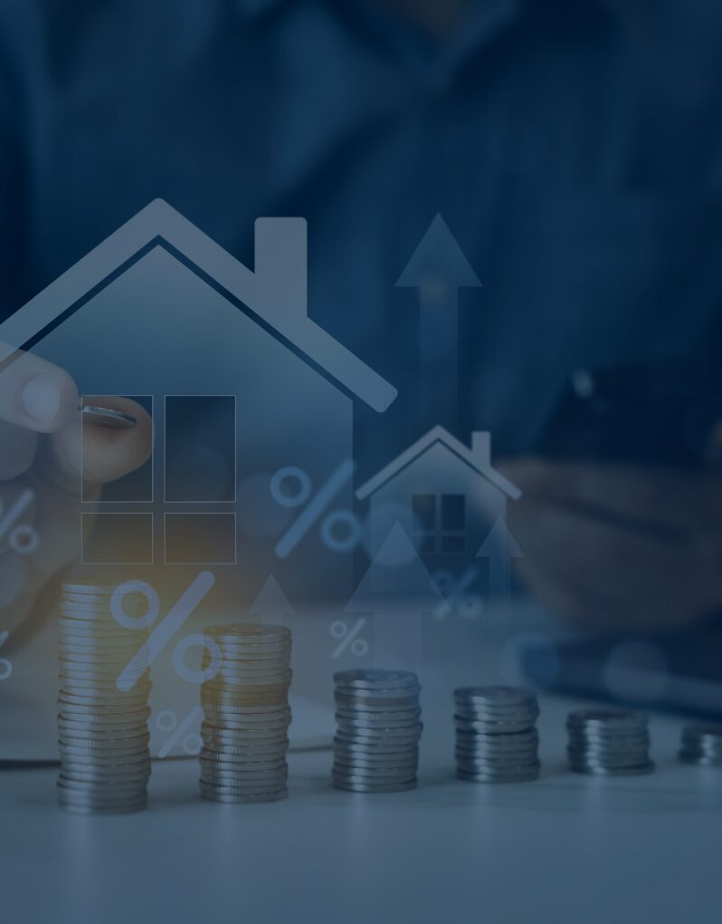 Concept of real estate investment with house icons and coin stacks.