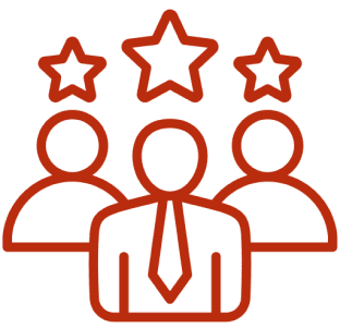 Stylized icon of three people in a reddish-brown color.